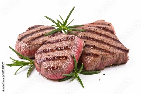 Fototapeta Delicious grilled beef steak filet mignon with rosemary and peppercorns isolated on white background. Juicy barbecue meat concept for restaurant menu.