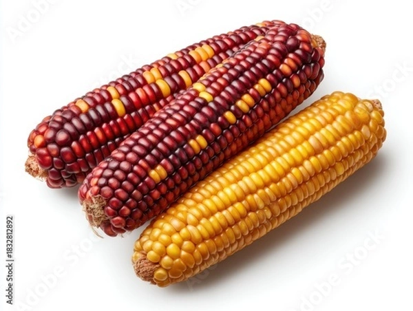 Fototapeta Red and yellow corn cobs with kernels on white background