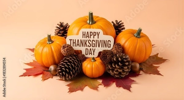 Fototapeta Pumpkins and pine cones with happy thanksgiving day sign arrangement