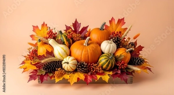 Fototapeta Autumn arrangement with pumpkins gourds leaves and pine cones on light background