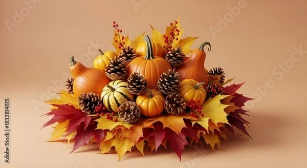 Fototapeta Fall arrangement with pumpkins, pine cones, leaves, and red berries on beige
