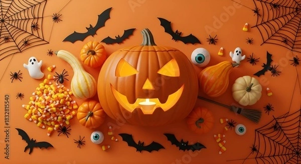 Fototapeta Halloween flat lay with jack o lantern pumpkins and spooky decorations on orange