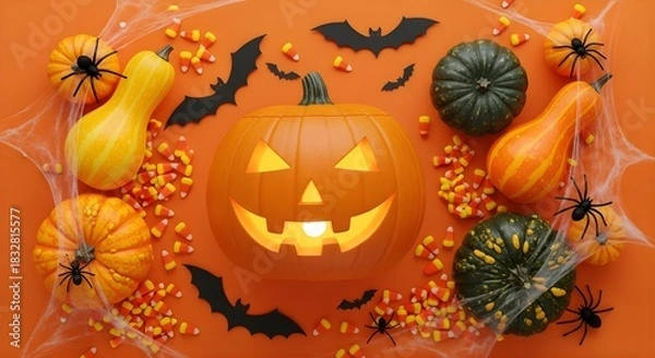 Fototapeta Halloween arrangement with pumpkins, bats, spiders, and candy corn on orange