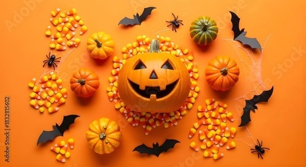Fototapeta Halloween arrangement with pumpkin, candy corn, bats and spiders on orange background