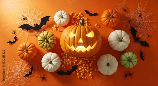 Fototapeta Halloween arrangement with pumpkins, bats, webs, and candy corn on orange back