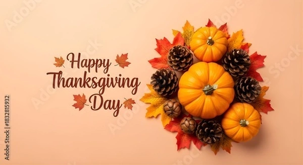 Fototapeta Happy thanksgiving day with pumpkins and pine cones on a peach background