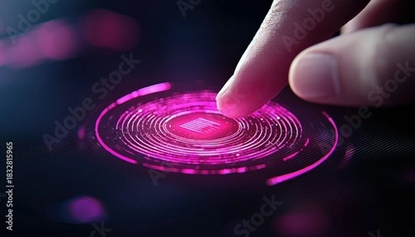 Obraz Close-up of a finger pressing a glowing digital button with a futuristic design. The button emits a pink light against a dark background.
