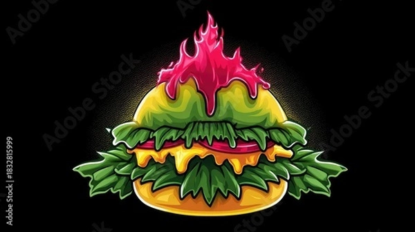 Obraz Illustration of a burger with flames on top, set against a black background.