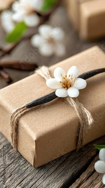 Obraz Close-up of a wrapped gift box decorated with white flowers and a vanilla bean, tied with twine, on a weathered wooden surface. The image evokes a sense of natu