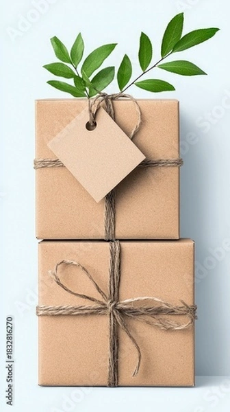Obraz Two stacked gift boxes wrapped with twine, adorned with a blank tag and green leaves, against a light blue background.