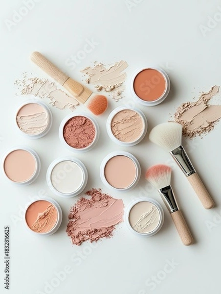 Obraz Overhead shot of various makeup products including compacts, brushes, and powder swatches, arranged on a white surface.