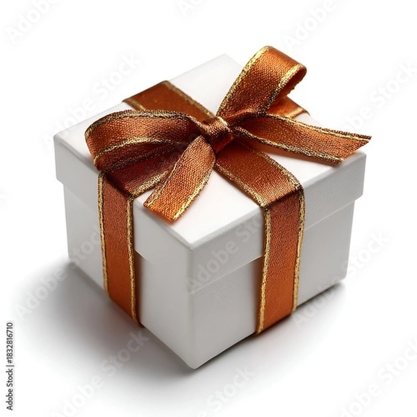 Obraz White gift box with orange ribbon isolated on white background, a present