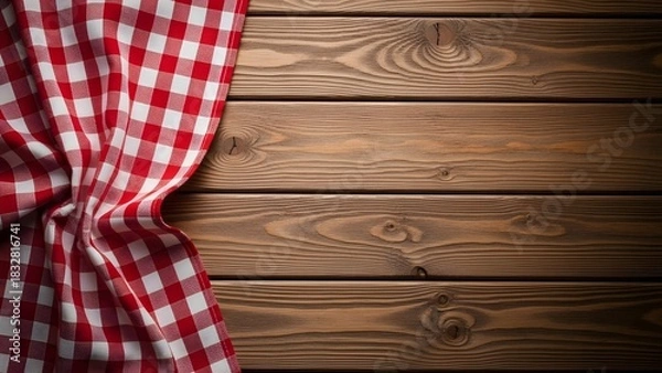 Fototapeta Red gingham checkered tablecloth on a rustic wooden tabletop background