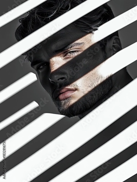 Obraz A young man with a beard is partially visible behind a series of white blinds, with dramatic lighting creating shadows across his face.
