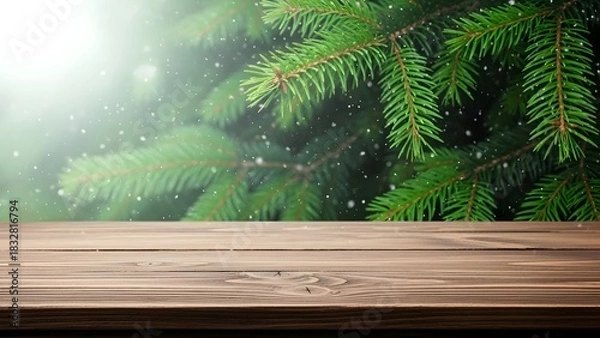Fototapeta Wooden table top with evergreen branches and sunlight background for display