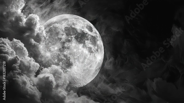Obraz Dramatic Full Moon Shining Through Ethereal Clouds in the Night Sky.