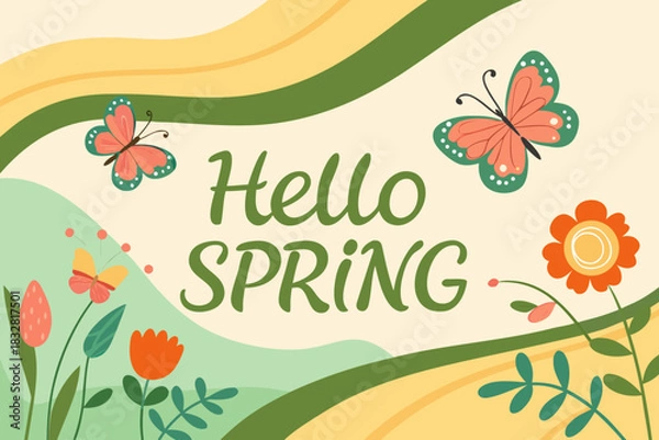 Obraz Wavy hello spring vector background with vibrant flowers and butterflies
