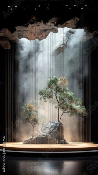 Obraz A stage set featuring trees and a large rock formation, illuminated by dramatic lighting and mist, creating a surreal atmosphere.