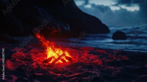 Obraz Campfire on a beach at night under a cloudy sky.