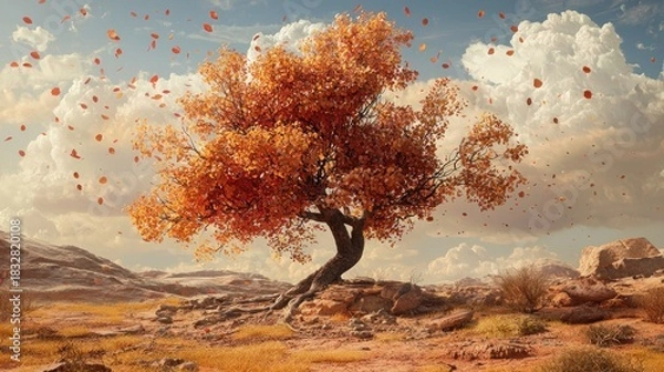 Obraz Autumnal Tree in a Desert Landscape with Cloudy Sky.
