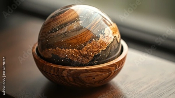 Obraz Striking Sphere - A Polished Stone Orb in a Wooden Bowl.