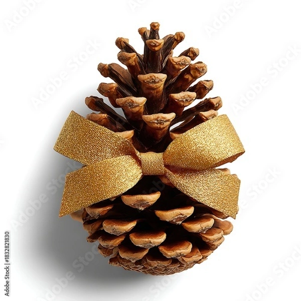 Obraz Pine cone with golden ribbon isolated on white background for christmas