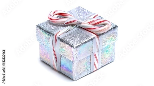 Obraz Shiny silver gift box with red and white ribbon isolated on white background