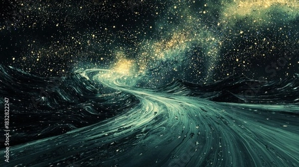 Obraz Mystical River Flowing Through a Starry Night Landscape.