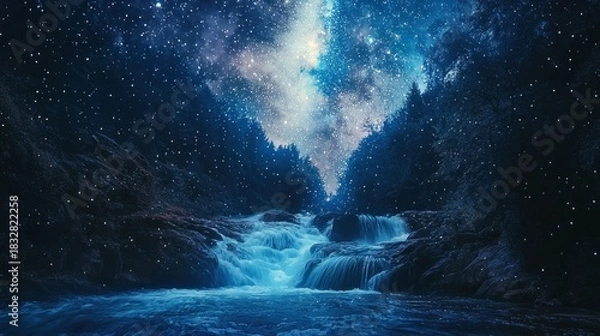 Obraz Celestial Cascade - A Dreamlike Waterfall Under a Starry Sky.