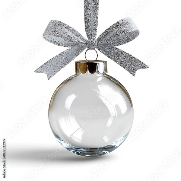 Obraz Clear glass christmas ornament with silver glitter bow isolated on white background