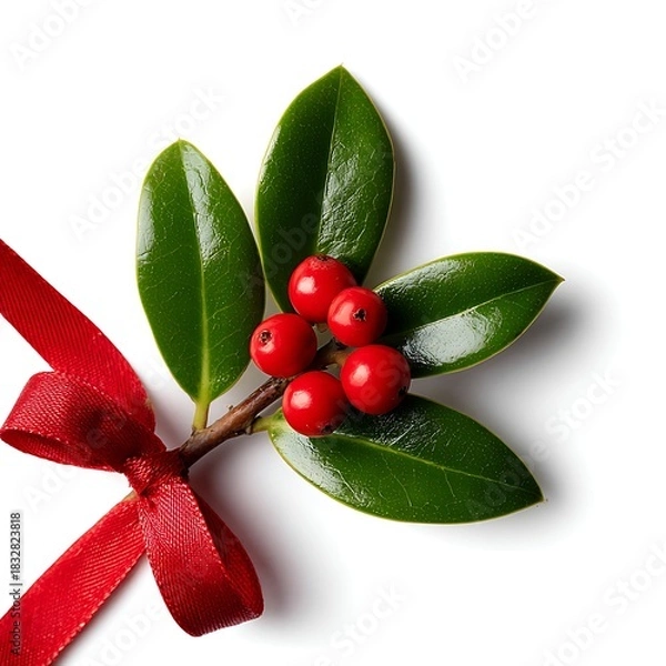 Obraz Sprig of holly with red berries and red bow isolated on white background