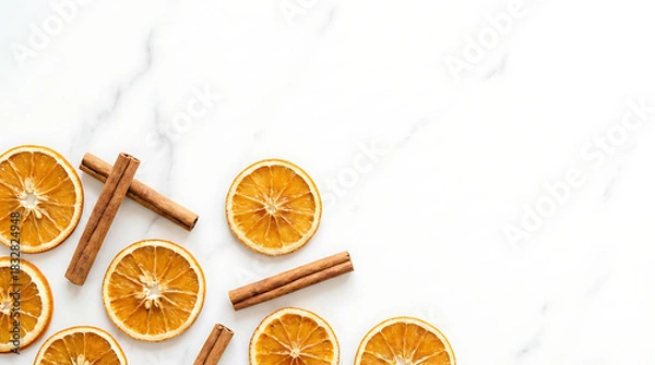 Fototapeta Dried orange slices and cinnamon sticks arranged on a white marble background from a top-down view.