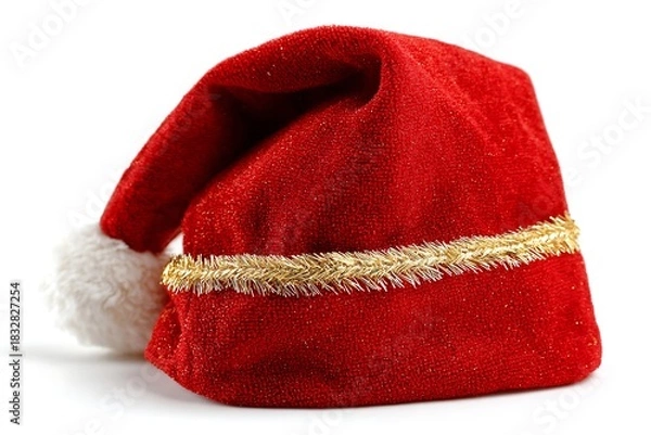 Obraz Red santa hat with golden ribbon isolated on white background for xmas