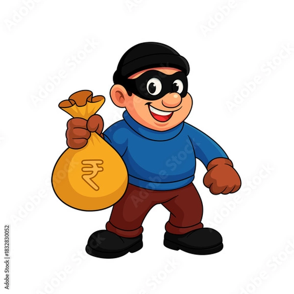 Obraz Smiling Cartoon Thief Holding a Bag of Money with Indian Rupee Symbol, ideal for security, scams, banking, illegal activities, or business risks.