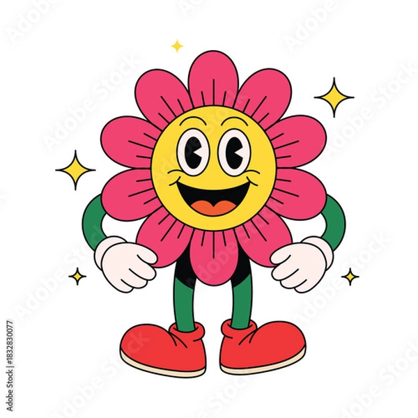 Obraz Cheerful groovy flower cartoon mascot with a smiling face, Retro Mascot Design in 70s Psychedelic Style Vector Illustration