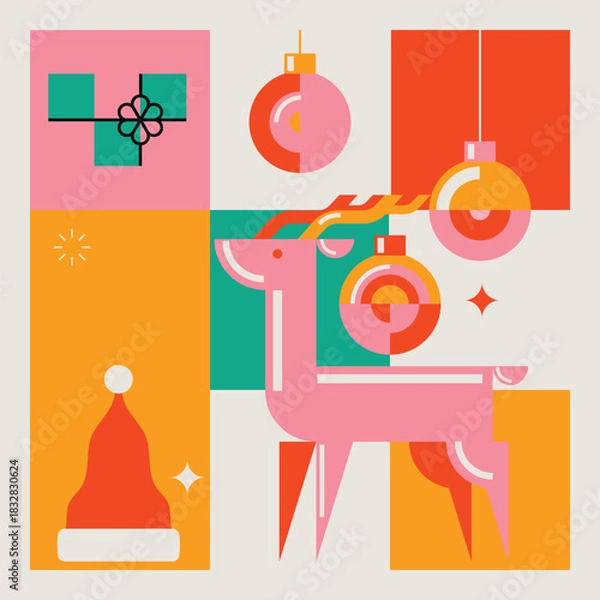 Obraz Bright Color Merry Christmas Modern Minimalist Geometric Design with Santa Hat, Reindeer, Decorations and Gifts. Vector Illustration.