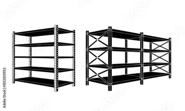 Fototapeta Vector illustration of two types of heavy-duty industrial shelving units in black and white, representing warehouse storage, garage organization, logistics, and retail supply concepts