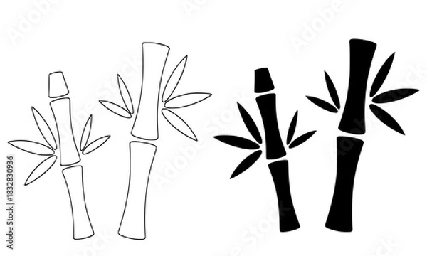 Fototapeta Vector set of two bamboo stalks with leaves, presented in outlined sketch and solid black silhouette styles, representing Asian culture, nature, zen, growth, and relaxation concepts, isolated on white