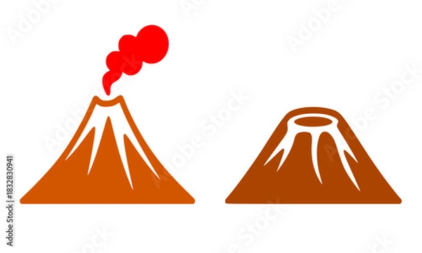 Fototapeta Vector set of two volcano illustrations: one erupting with smoke and one dormant, representing nature, disaster, geology, and travel concepts, in orange and brown colors, isolated on white background.