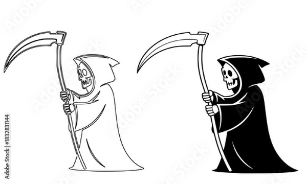 Fototapeta The Grim Reaper character holding a large scythe, side view, in two styles: outlined vector line art and solid black silhouette, representing death, Halloween, and scary concepts, isolated on white ba