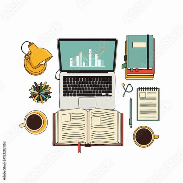 Obraz A vibrant, organized flat lay illustration of a modern workspace, featuring a laptop with charts, open books, and coffee, perfect for remote work or study.