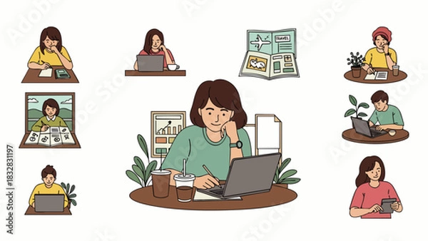 Obraz A set of charming flat illustrations showcasing diverse individuals focused on remote work, studying, and digital tasks, reflecting modern productivity and flexible lifestyles.