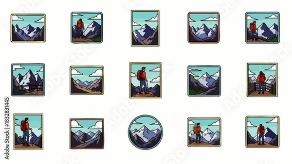 Fototapeta A vibrant collection of retro pixel art badges showcasing stunning mountain landscapes and adventurous hikers, perfect for digital design projects.