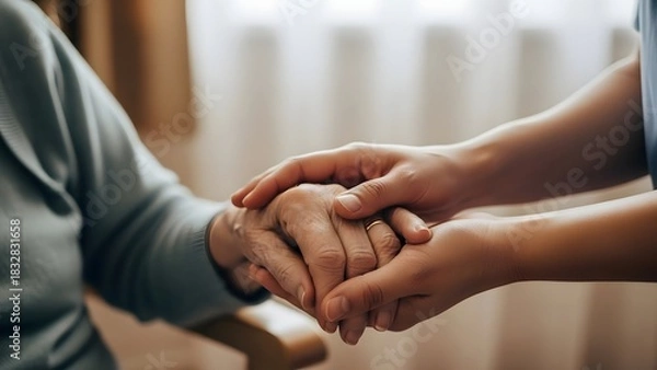 Obraz Closeup of a younger persons hands gently holding the wrinkled hands of an elderly senior citizen, symbolizing care, support, and compassion in a home or care setting