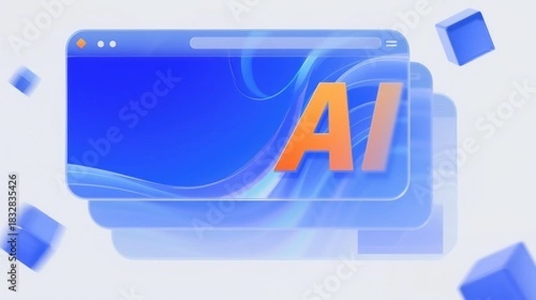 Obraz 3D Rendered Glass Interface with AI Text for Smart Web Browser or Search Engine Concept. Artificial Intelligence Technology Background. Digital Assistant. Machine Learning Application.