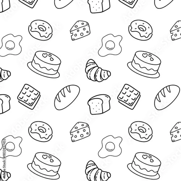 Obraz Seamless vector pattern of assorted bread, perfect for bakery branding, packaging, wrapping paper, food design, and cute creative projects.
