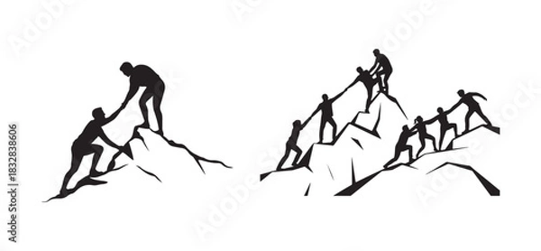 Fototapeta Team Mountain Climbing Silhouette, Group Support and Helping Hands Vector.
