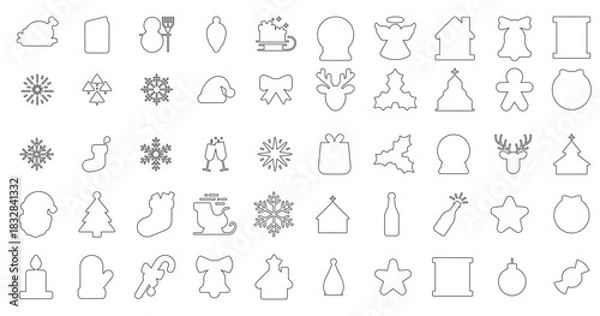 Fototapeta Editable stroke, A massive set of 50 Christmas line icons. vector outlines, Digital stamps. Simple thin line symbols of winter items isolated on white. A comprehensive graphic elements pack for design