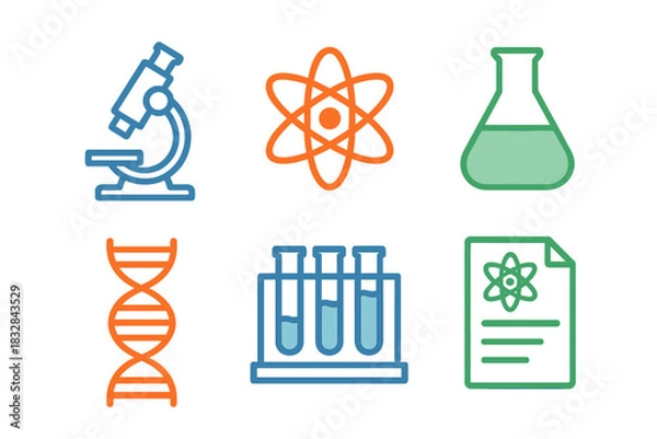 Obraz Glowing science icons: microscope, atom, flask, dna, test tubes, document