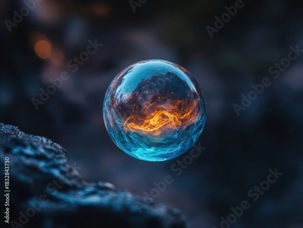 Fototapeta Floating bubble reflects vibrant colors of light while resting on a textured surface at dusk with a dreamy atmosphere